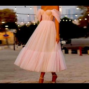 Blush pink off the shoulder tulle dress